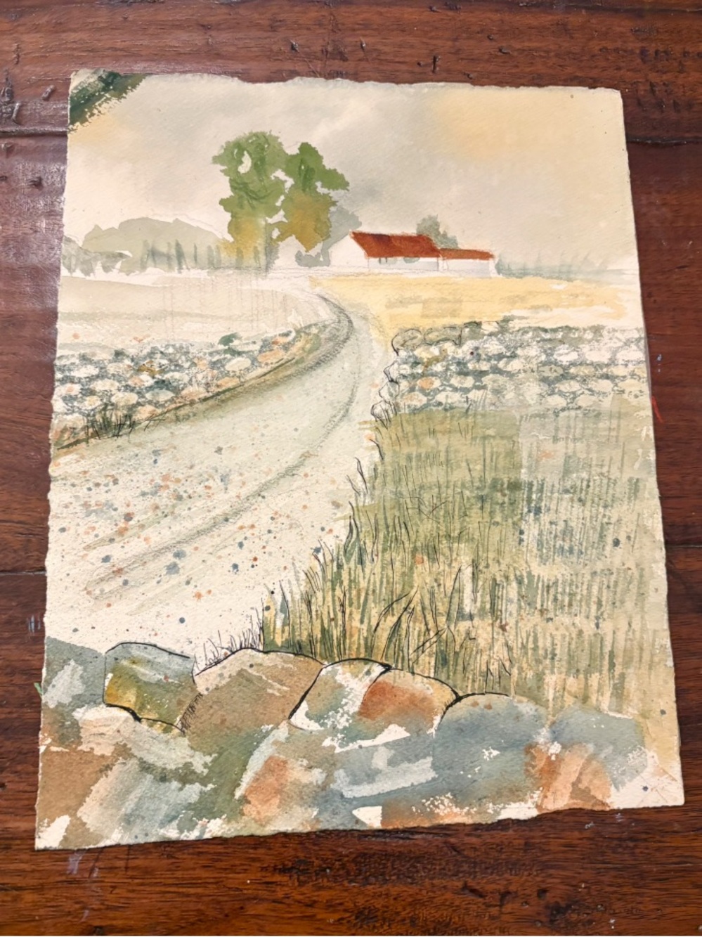 Original art watercolor cottage countryside landscape